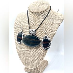 Dark Iron Tiger Eye Pendant & Earrings Set